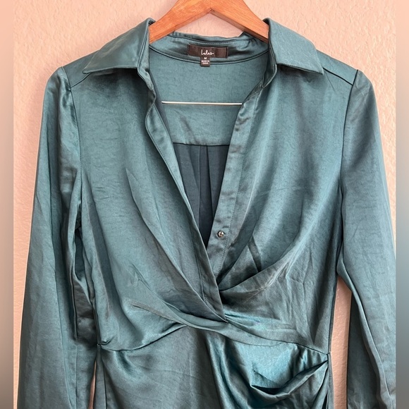 NWT Stylish Taste Dark Teal Satin Collared Long Sleeve Mini Dress - Picture 4 of 9